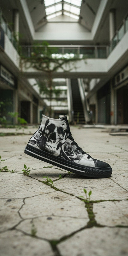 Men's Cartoon Skulls & Roses Black & White high-top canvas shoes, custom full-wrap printed design — Freaky Shoes