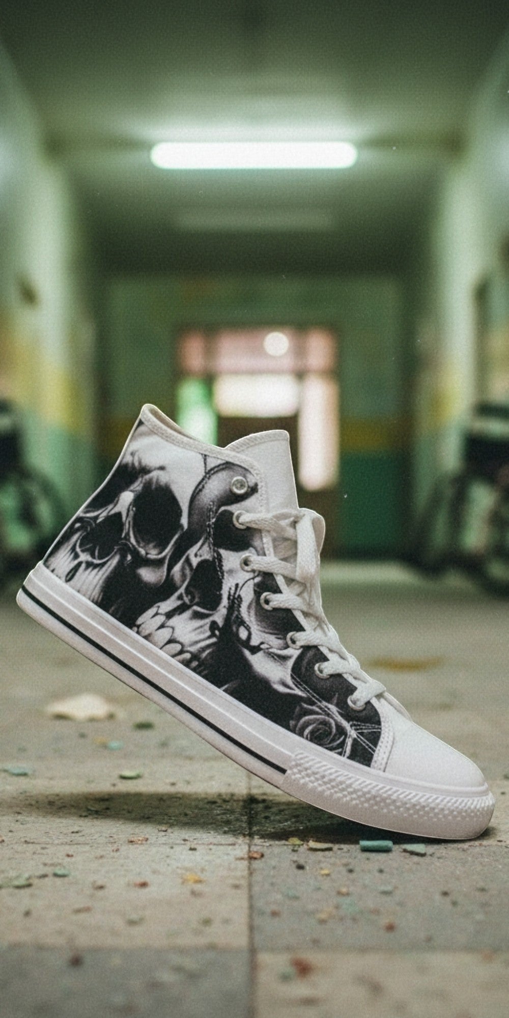 Men's Greyscale Skulls & Roses Black & White hand-made high-top canvas shoes — unique wearable art by Freaky Shoes