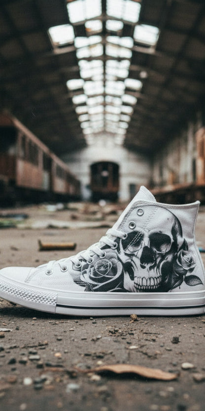 Men's Cartoon Skulls & Roses Black & White hand-made high-top canvas shoes — unique wearable art by Freaky Shoes