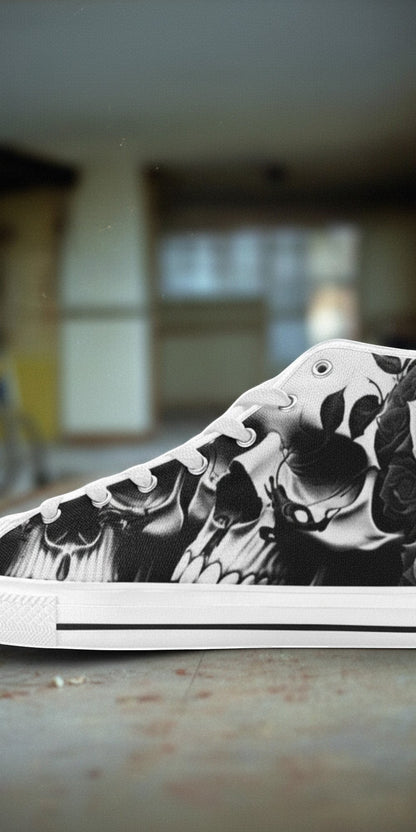 Men's Greyscale Skulls & Roses Black & White high-top canvas shoes — one-of-a-kind custom printed art, Freaky Shoes