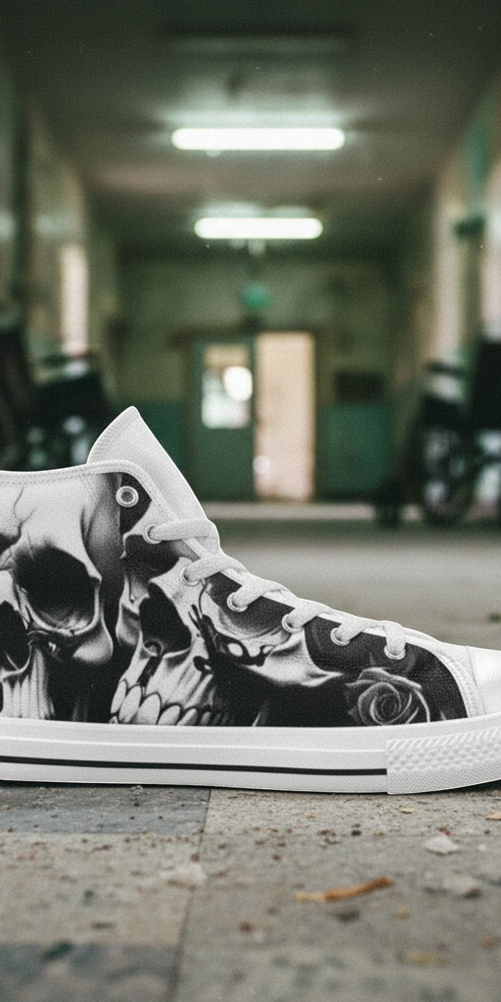 Men's Greyscale Skulls & Roses Black & White custom high-top canvas shoes — wearable art by Freaky Shoes