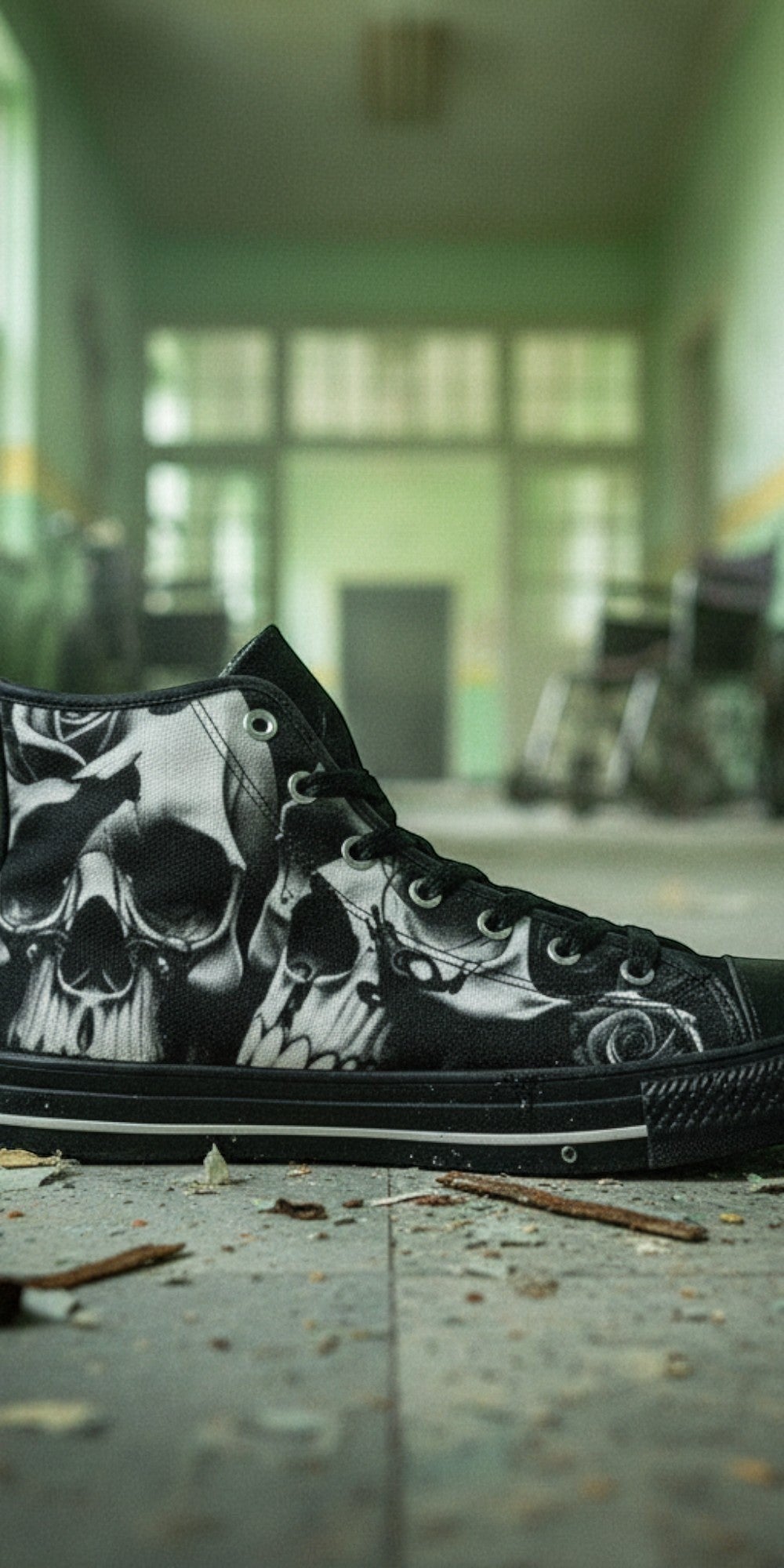 Men's Greyscale Skulls & Roses Black & White high-top canvas shoes, custom full-wrap printed design — Freaky Shoes