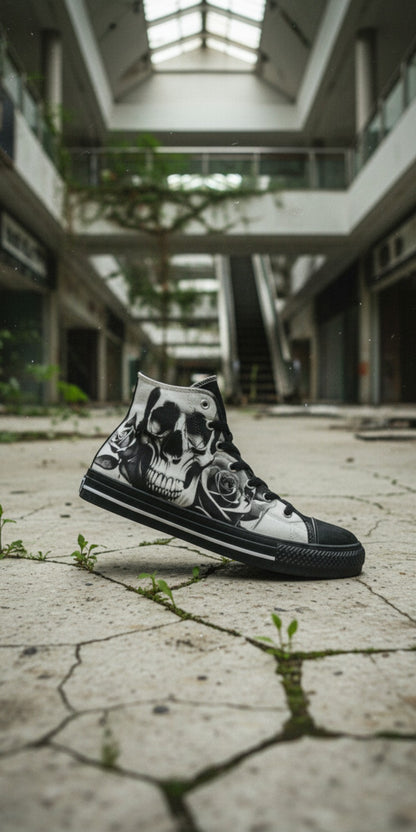 Men's Cartoon Skulls & Roses Black & White high-top canvas shoes, custom full-wrap printed design — Freaky Shoes