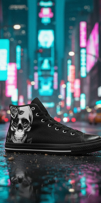 Men's Cartoon Skulls & Roses Black custom high-top canvas shoes — wearable art by Freaky Shoes