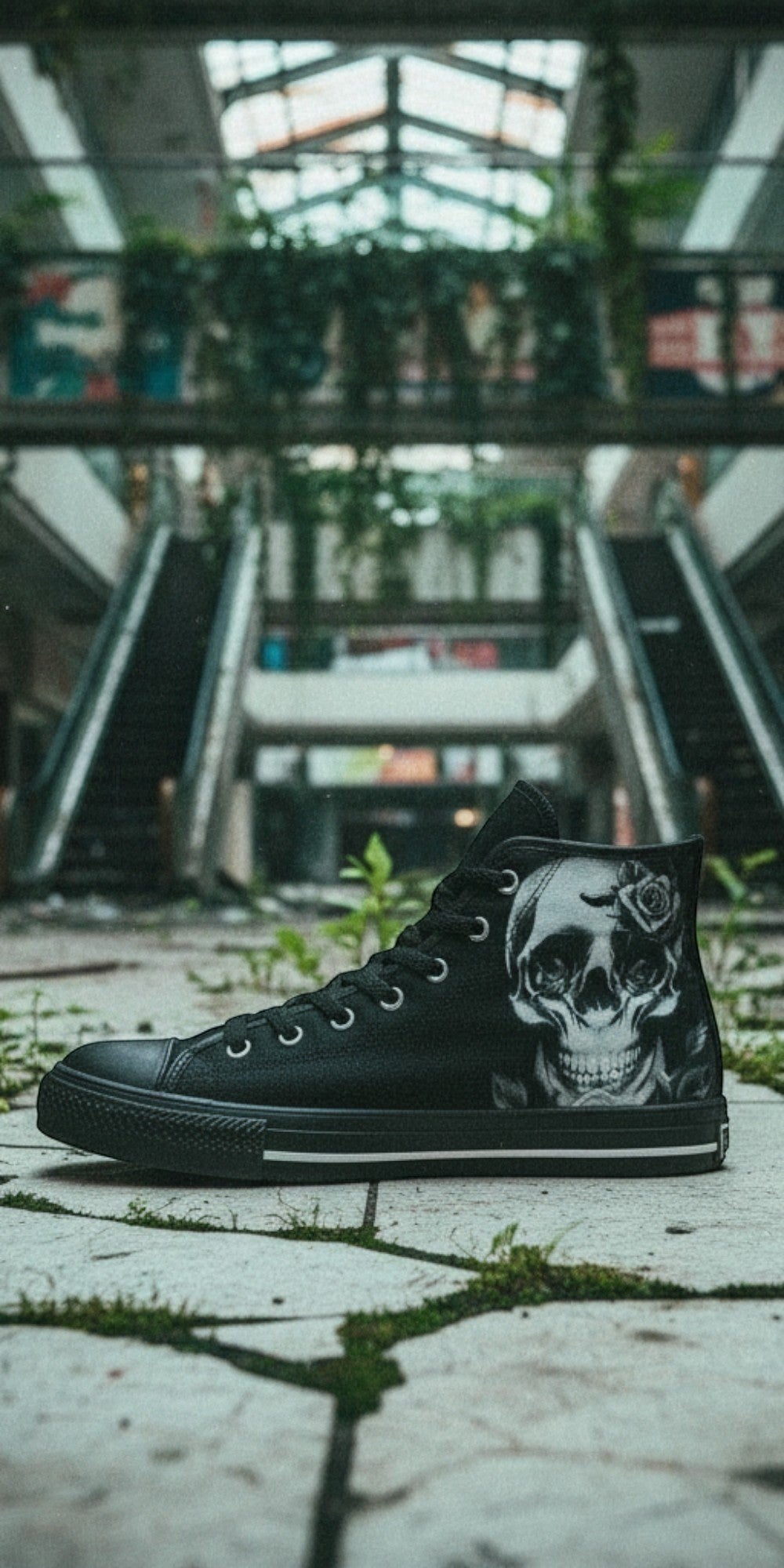 Women's Cartoon Skulls & Roses Black custom high-top canvas shoes — wearable art by Freaky Shoes