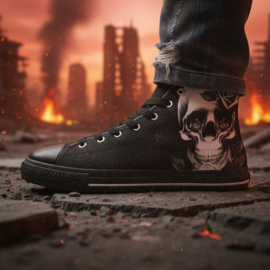 Freaky Shoes® men's black high-top canvas sneakers featuring a detailed skull and rose graphic in a war-torn setting.