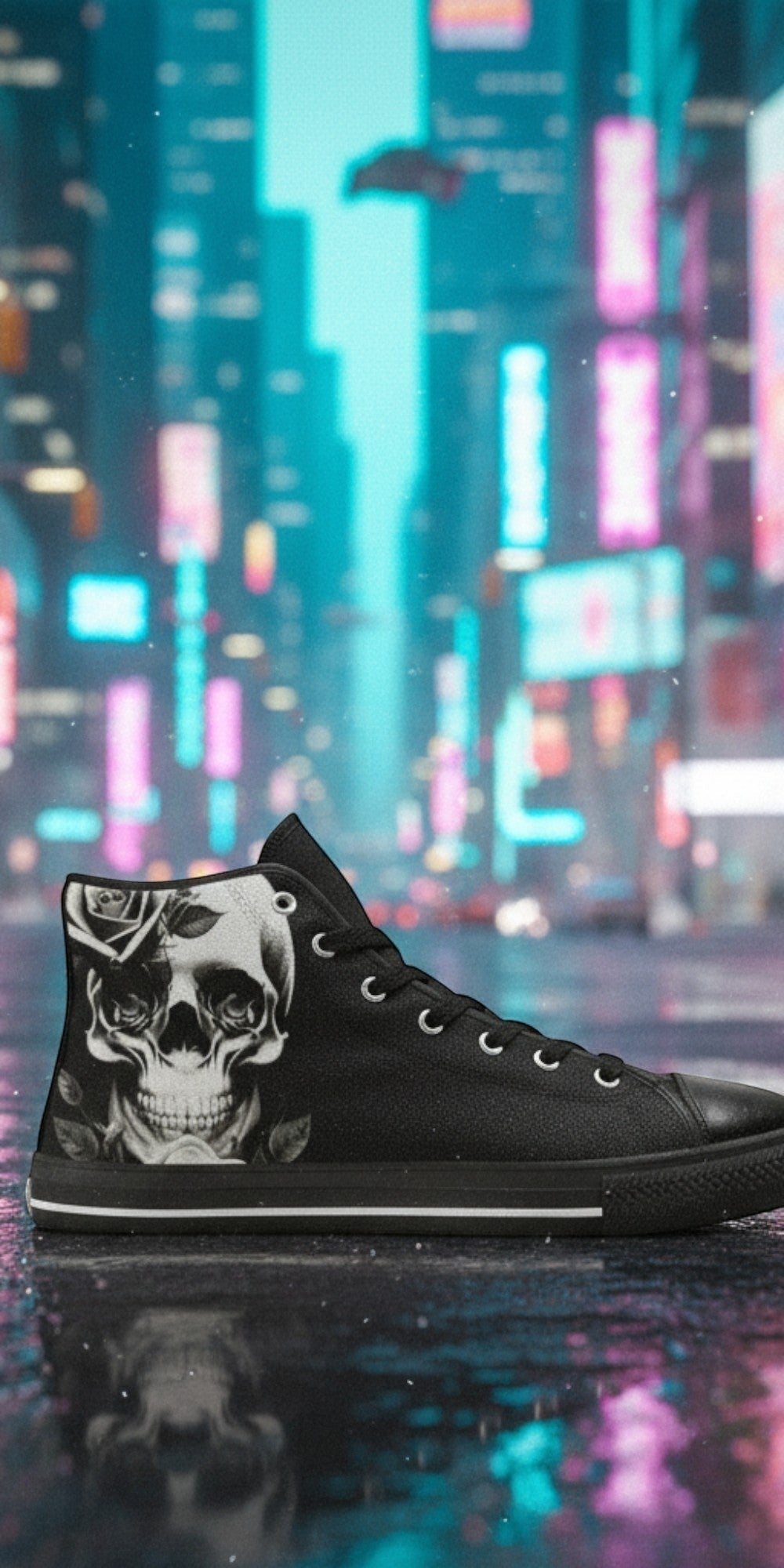 Men's Cartoon Skulls & Roses Black high-top canvas shoes — one-of-a-kind custom printed art, Freaky Shoes