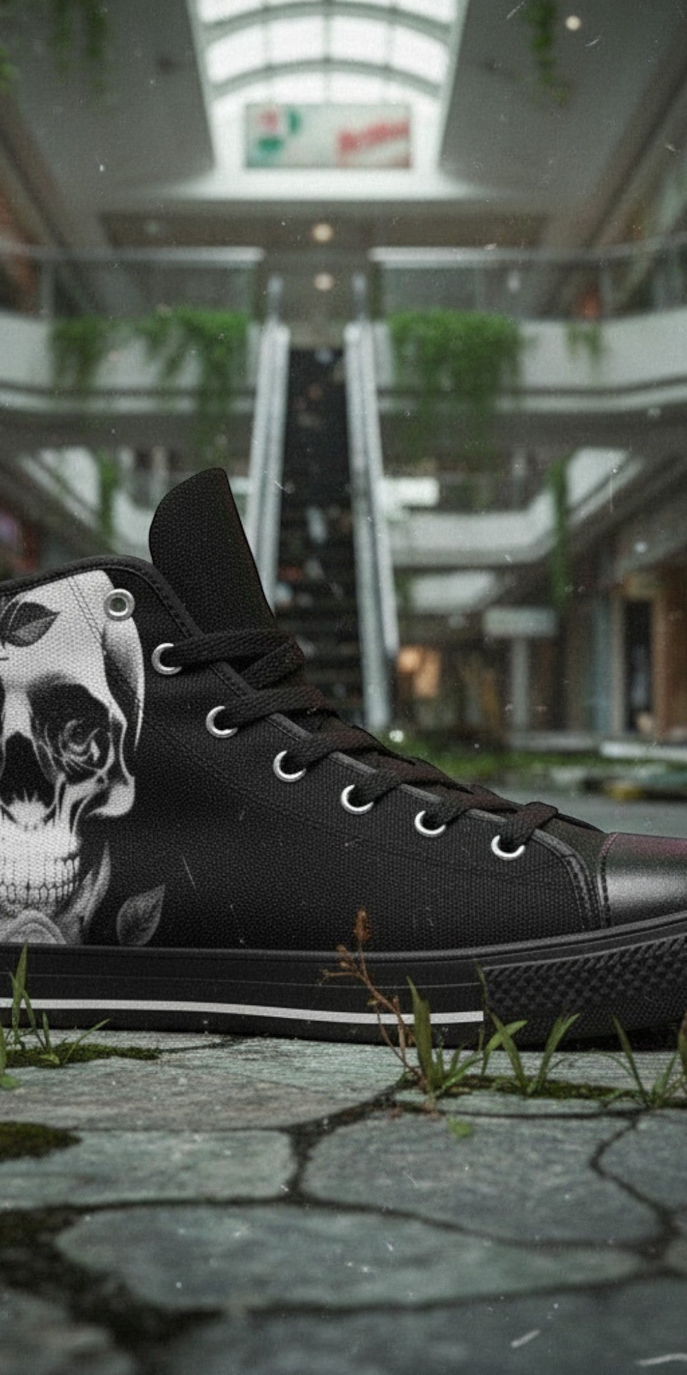 Custom Women's Cartoon Skulls & Roses Black high-top canvas shoes with bold all-over art — Freaky Shoes