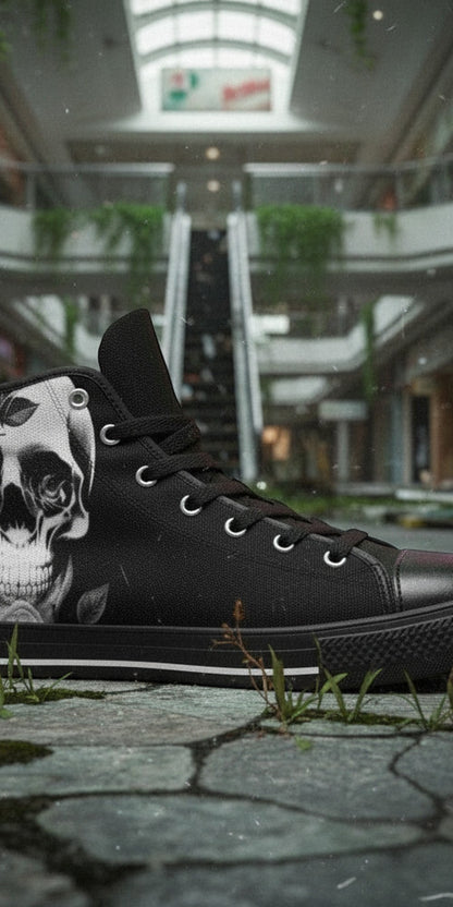 Custom Women's Cartoon Skulls & Roses Black high-top canvas shoes with bold all-over art — Freaky Shoes