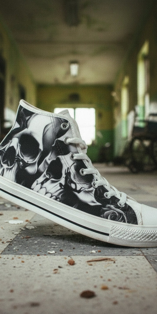 Men's Greyscale Skulls & Roses Black & White custom high-top canvas shoes — wearable art by Freaky Shoes