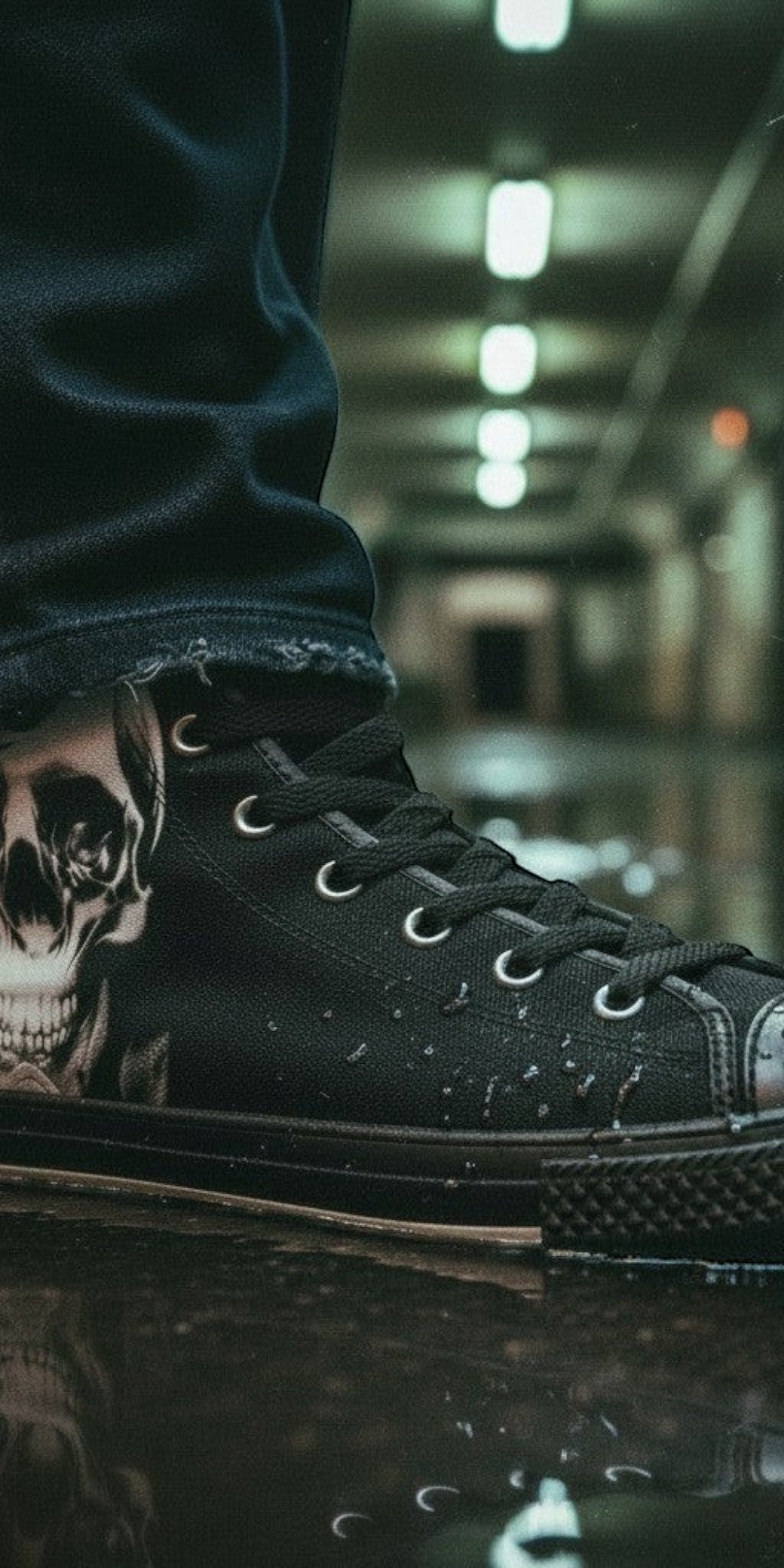 Women's Cartoon Skulls & Roses Black hand-made high-top canvas shoes — unique wearable art by Freaky Shoes
