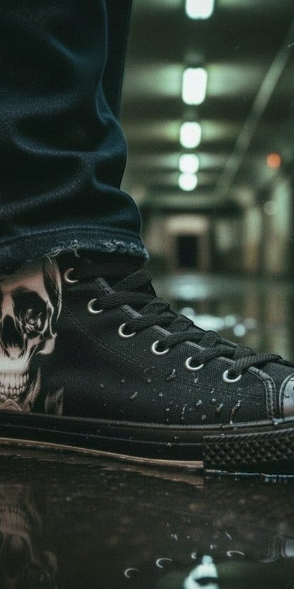 Women's Cartoon Skulls & Roses Black hand-made high-top canvas shoes — unique wearable art by Freaky Shoes