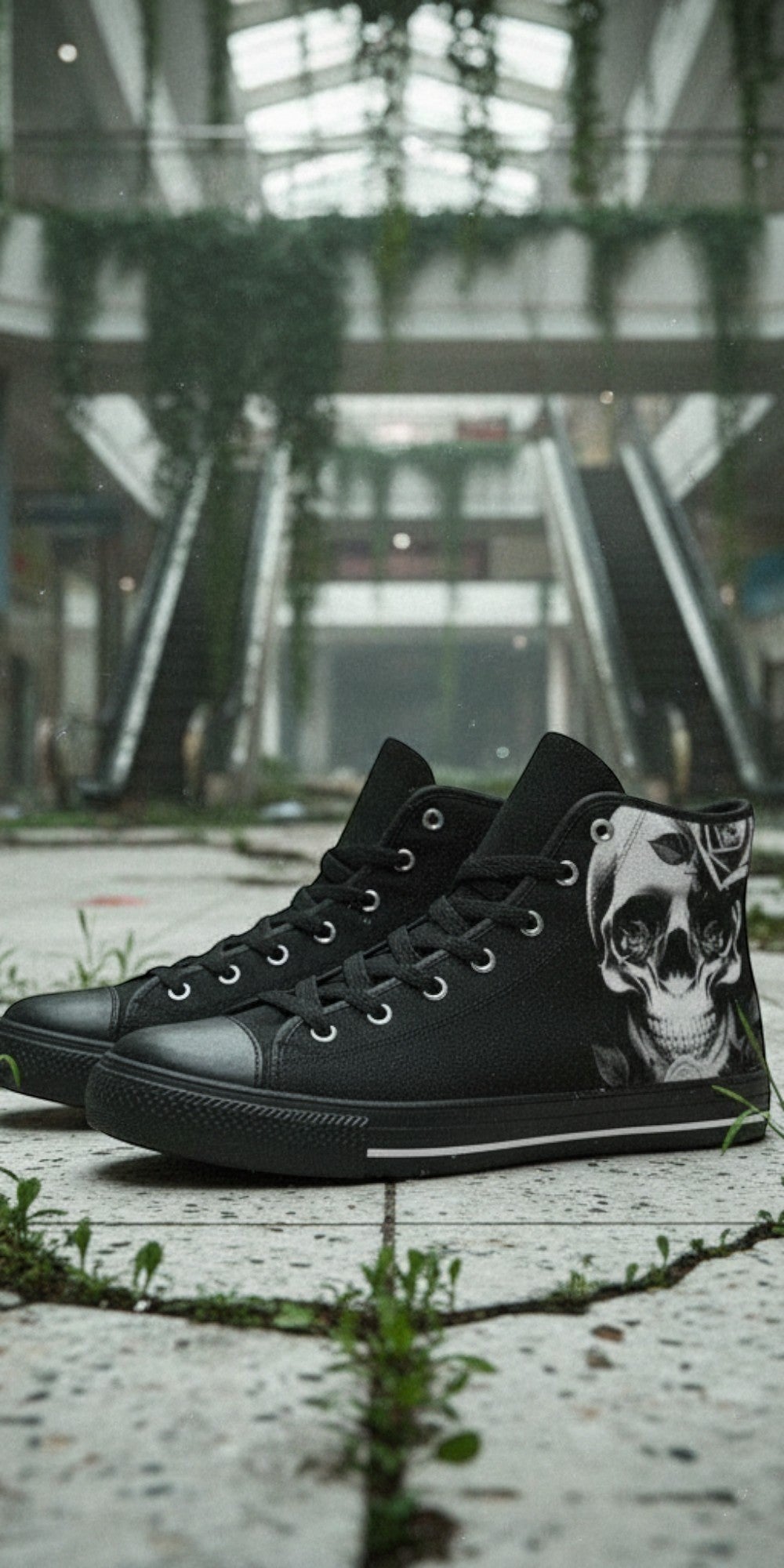 Women's Cartoon Skulls & Roses Black high-top canvas shoes, custom full-wrap printed design — Freaky Shoes