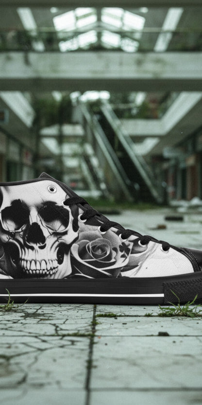 Men's Cartoon Skulls & Roses Black & White custom high-top canvas shoes — wearable art by Freaky Shoes