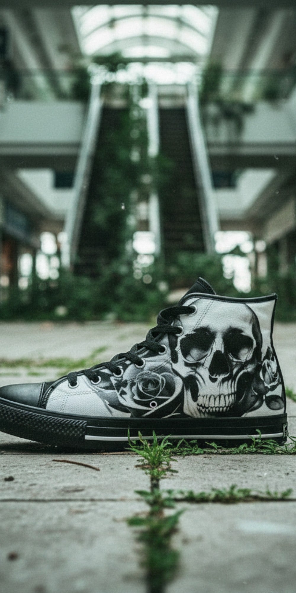 Men's Cartoon Skulls & Roses Black & White high-top canvas shoes — one-of-a-kind custom printed art, Freaky Shoes