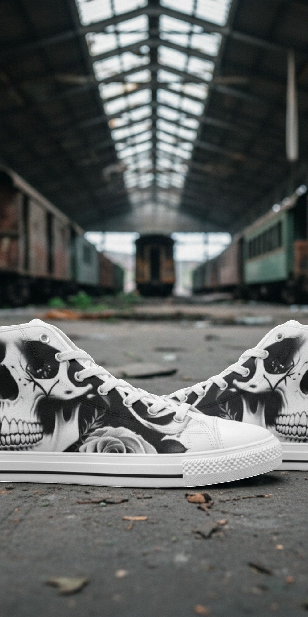 Men's Skulls & Roses Black & White high-top canvas shoes, custom full-wrap printed design — Freaky Shoes