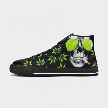 Freaky Shoes® women's black high-top canvas sneakers featuring a skull with green sunglasses and weed leaf print.