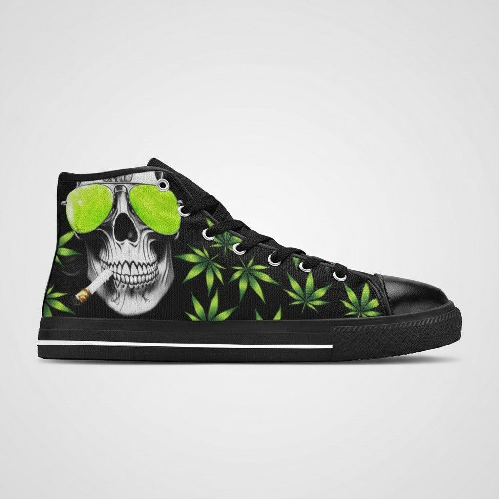 Freaky Shoes® men's black high-top canvas sneakers featuring a skull wearing green sunglasses and weed leaf print.