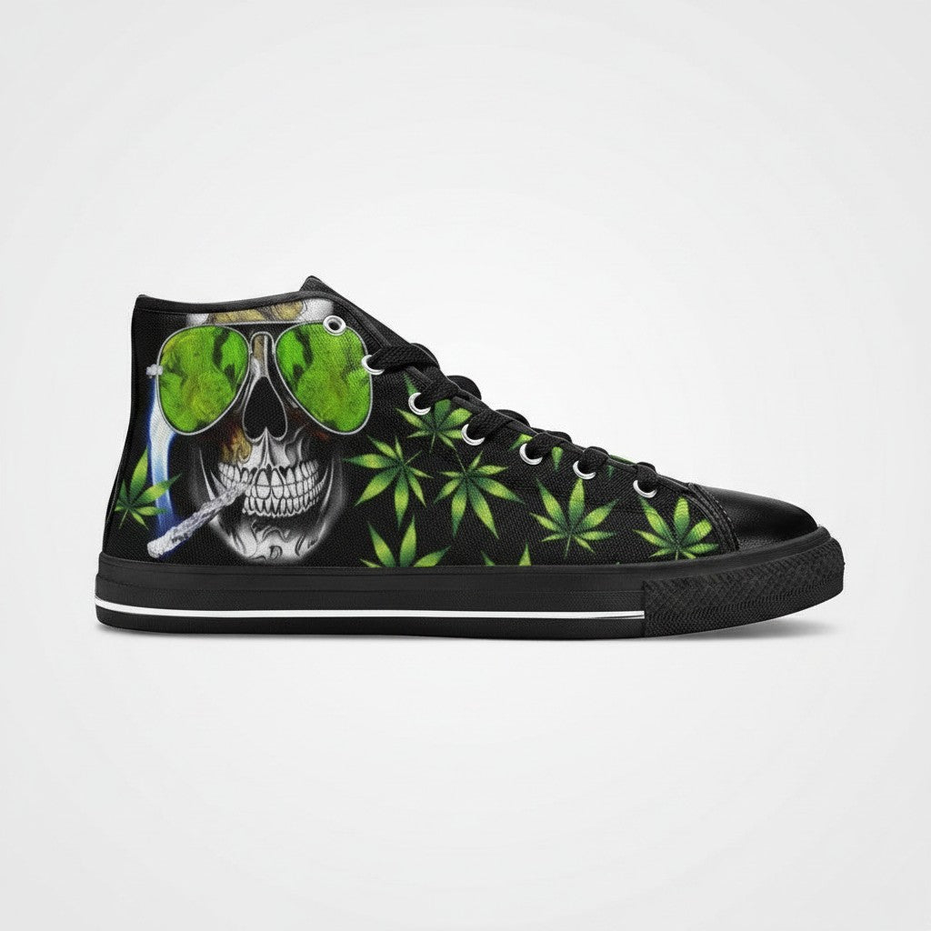 Freaky Shoes® men's high-top canvas sneakers featuring a skull wearing green weed leaf sunglasses and weed print