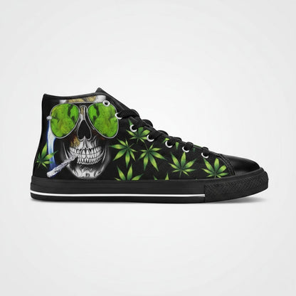 Freaky Shoes® men's high-top canvas sneakers featuring a skull wearing green weed leaf sunglasses and weed print
