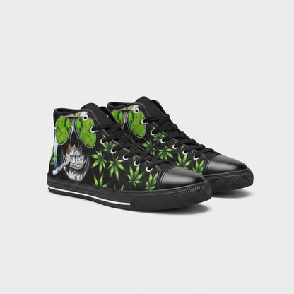 Freaky Shoes® women's black high-top canvas sneakers featuring a vibrant skull and green weed leaf art print