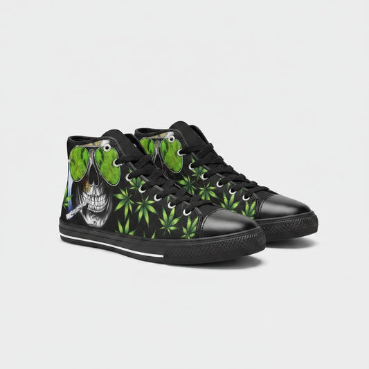Freaky Shoes® women's black high-top canvas sneakers featuring a vibrant skull and green weed leaf art print