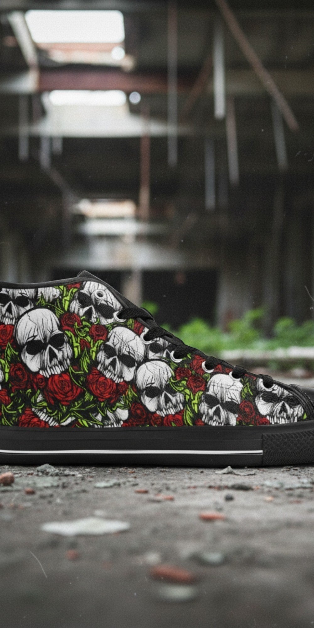 Men's Skulls & Roses high-top canvas shoes, custom full-wrap printed design — Freaky Shoes