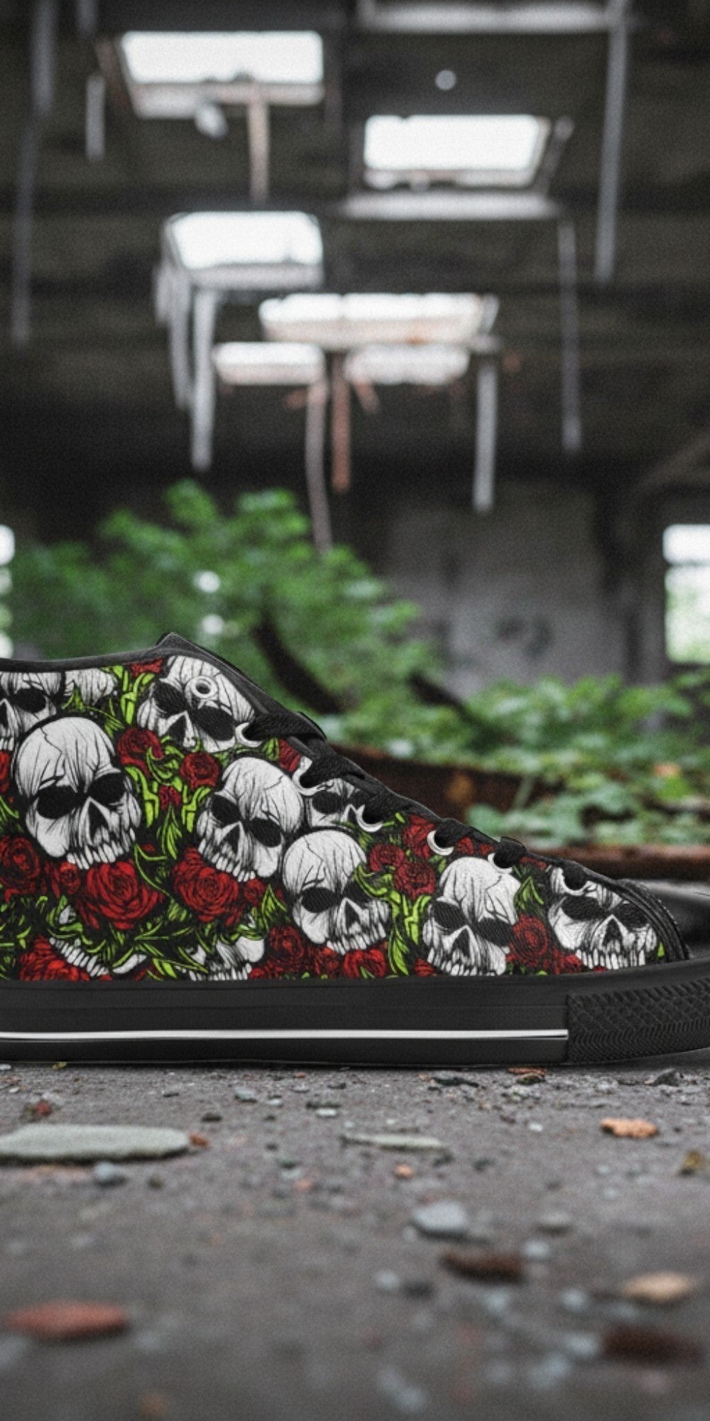 Men's Skulls & Roses hand-made high-top canvas shoes — unique wearable art by Freaky Shoes