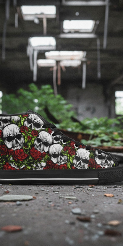 Men's Skulls & Roses hand-made high-top canvas shoes — unique wearable art by Freaky Shoes