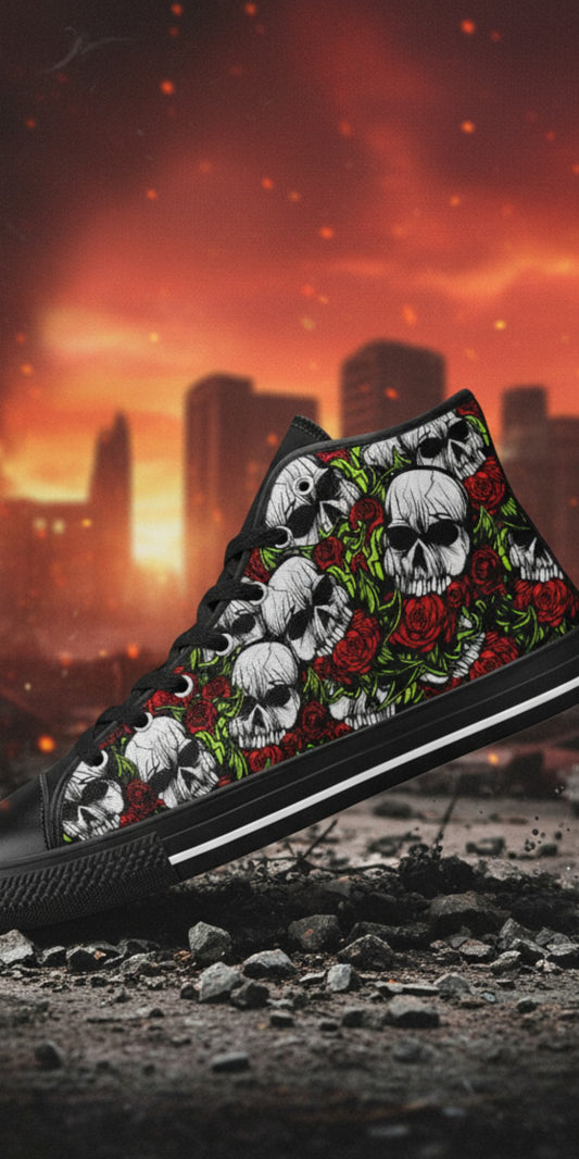 Freaky Shoes® women's high-top canvas sneakers featuring a gothic skull and red rose print on a dark background.