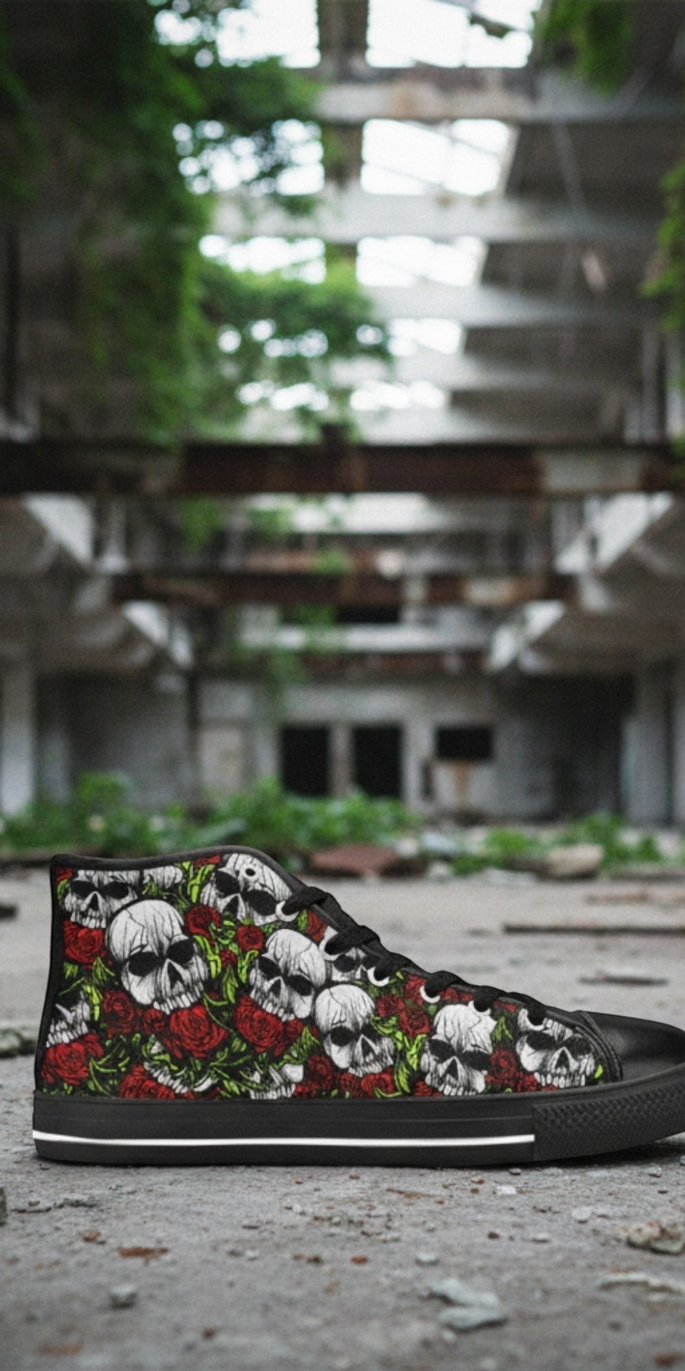 Men's Skulls & Roses high-top canvas shoes, custom full-wrap printed design — Freaky Shoes
