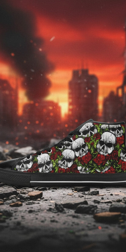 Women's Skulls & Roses high-top canvas shoes, custom full-wrap printed design — Freaky Shoes