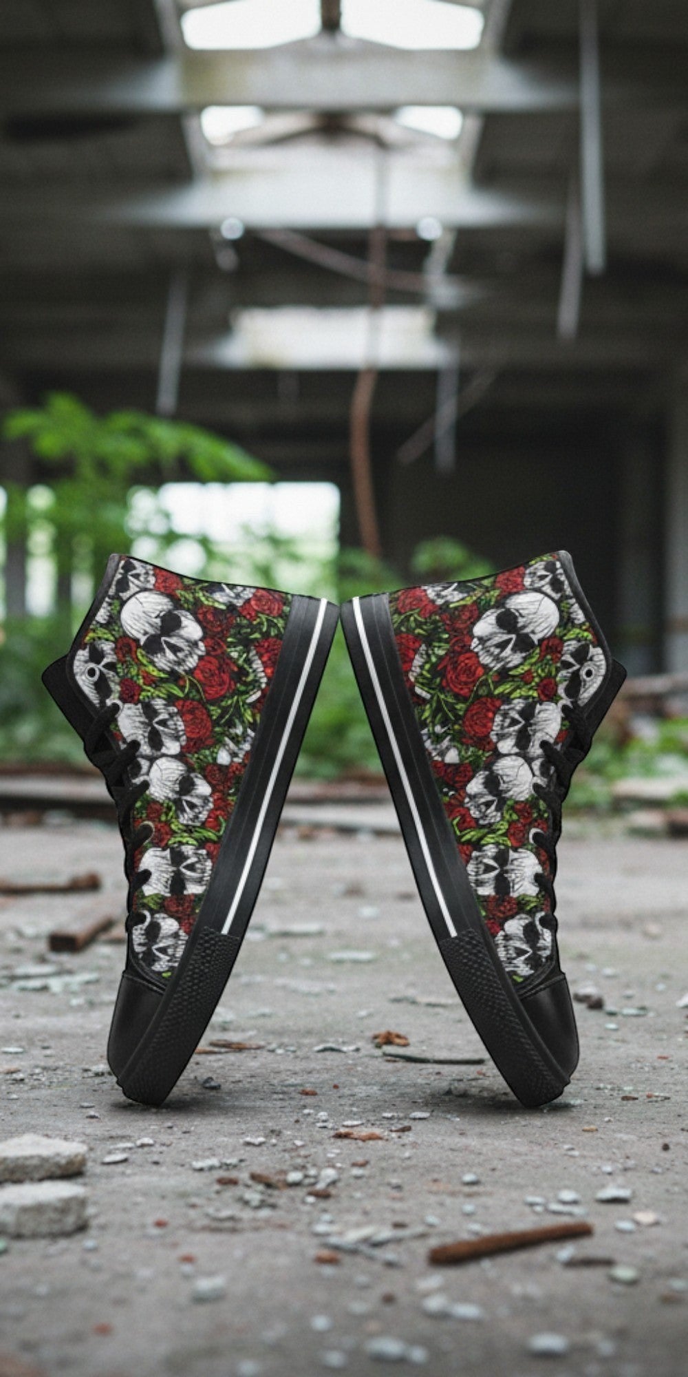 Men's Skulls & Roses custom high-top canvas shoes — wearable art by Freaky Shoes
