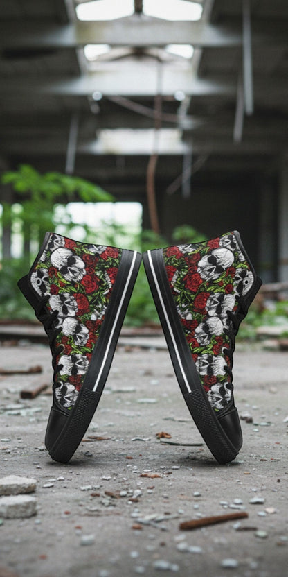 Men's Skulls & Roses custom high-top canvas shoes — wearable art by Freaky Shoes