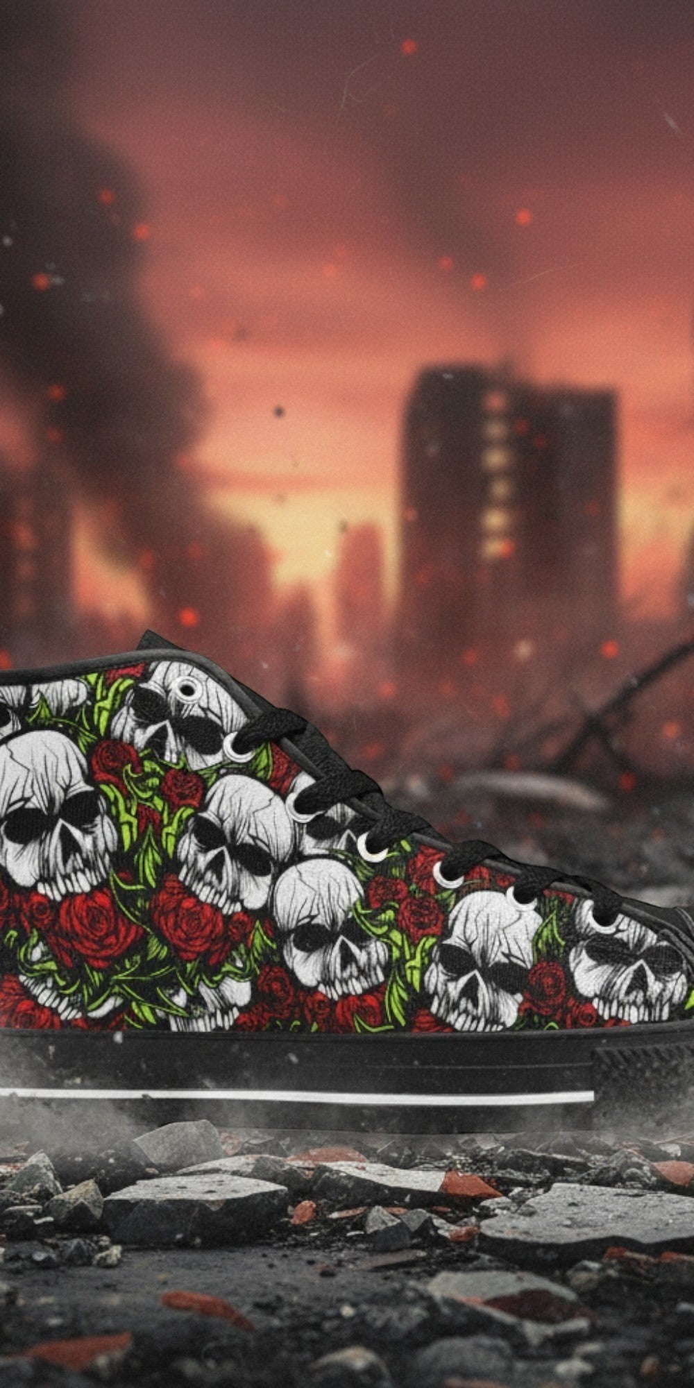 Women's Skulls & Roses custom high-top canvas shoes — wearable art by Freaky Shoes