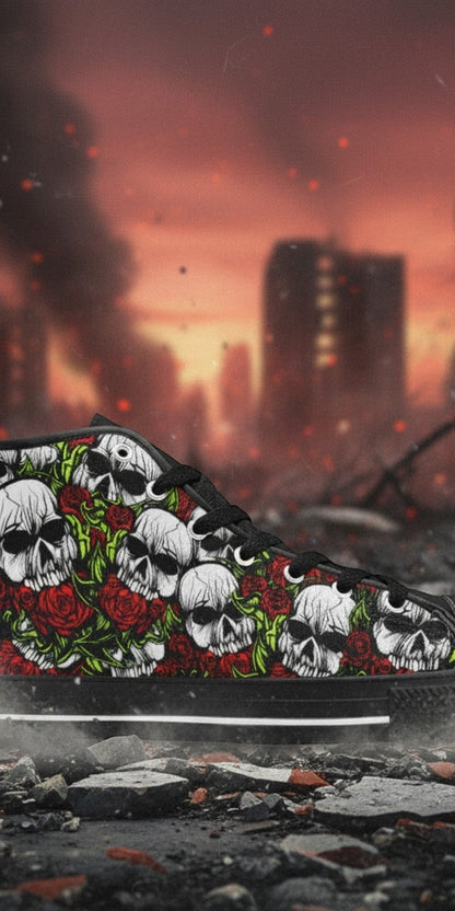 Women's Skulls & Roses custom high-top canvas shoes — wearable art by Freaky Shoes