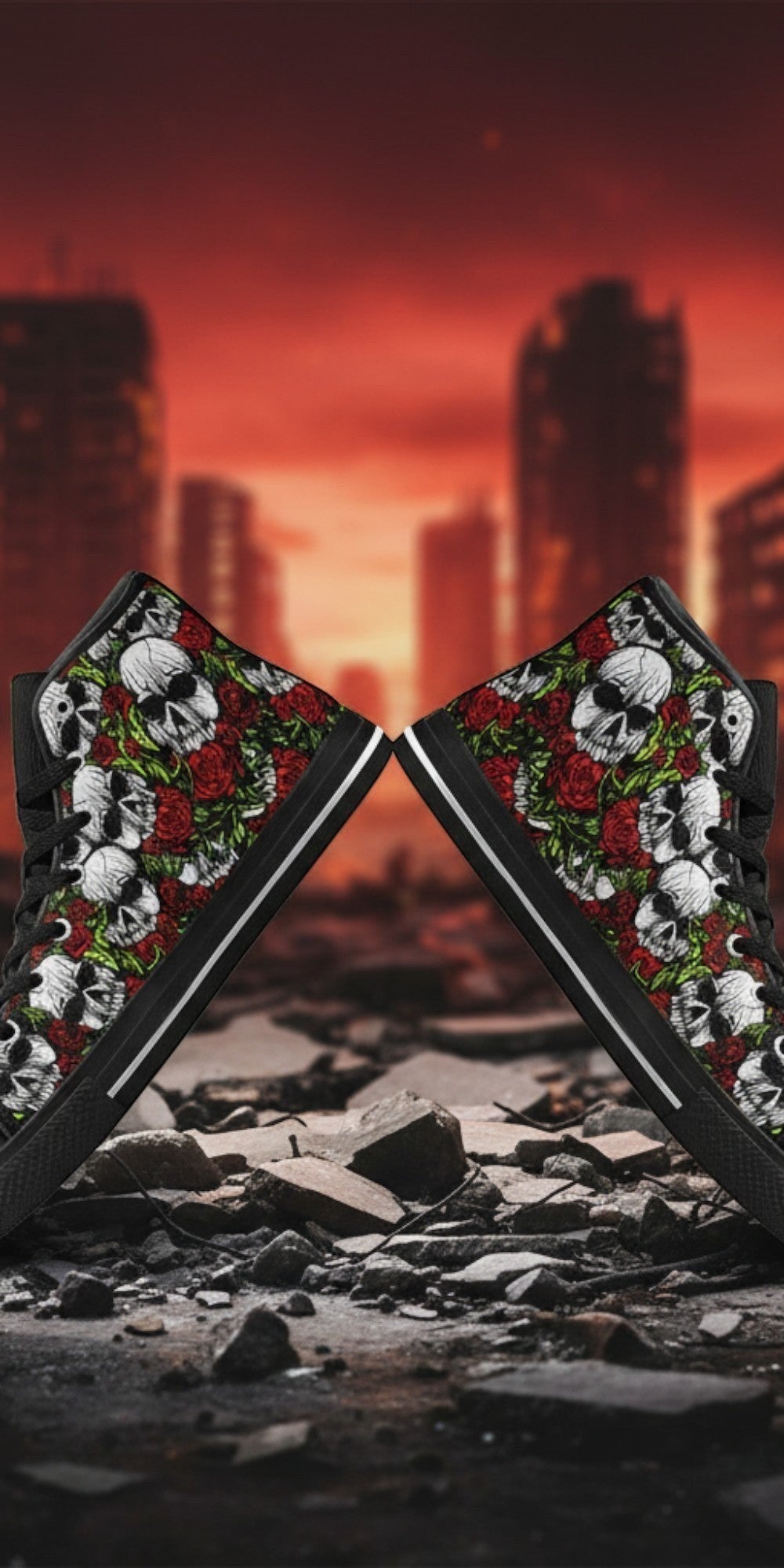 Women's Skulls & Roses hand-made high-top canvas shoes — unique wearable art by Freaky Shoes