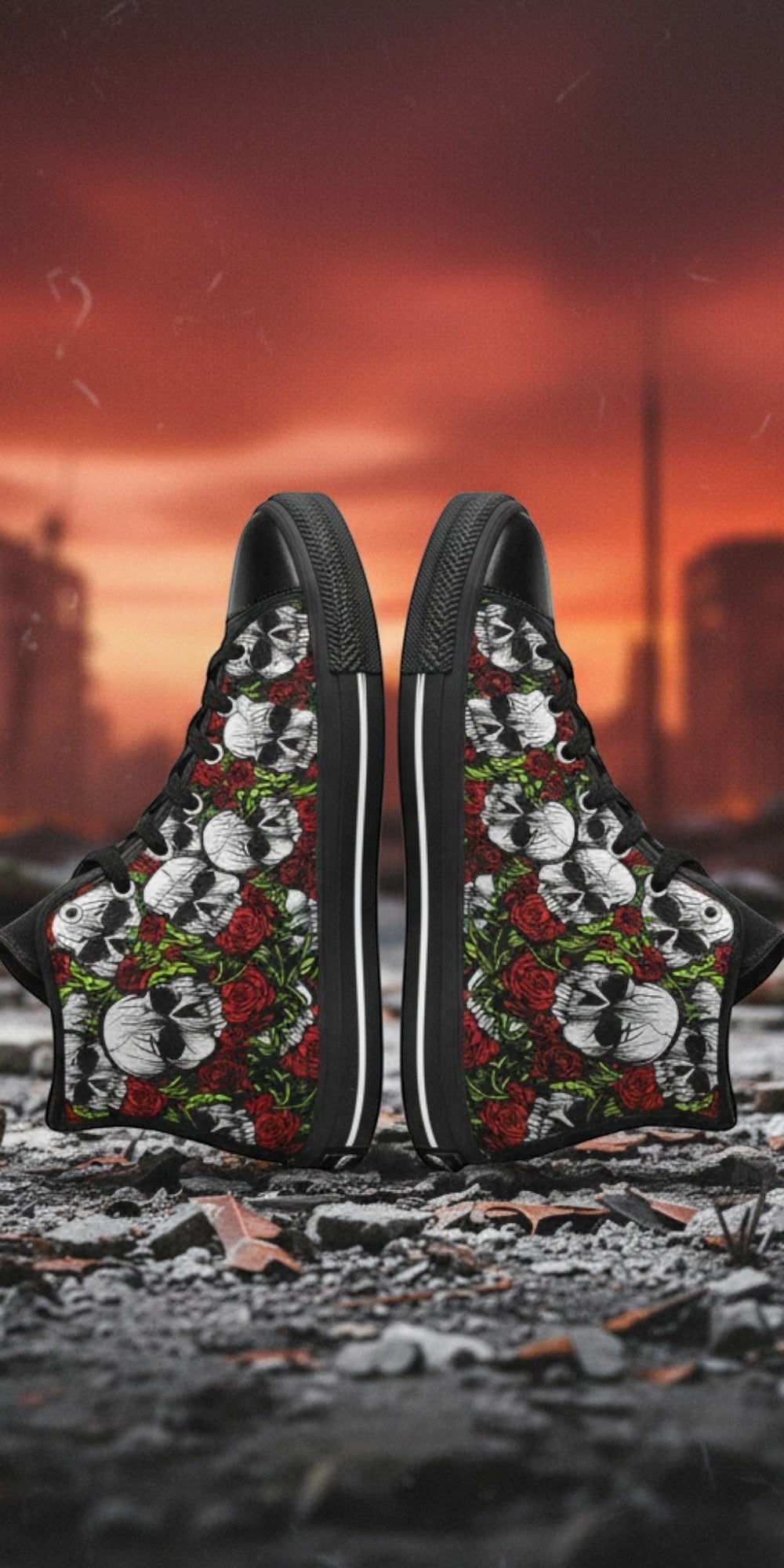 Custom Women's Skulls & Roses high-top canvas shoes with bold all-over art — Freaky Shoes