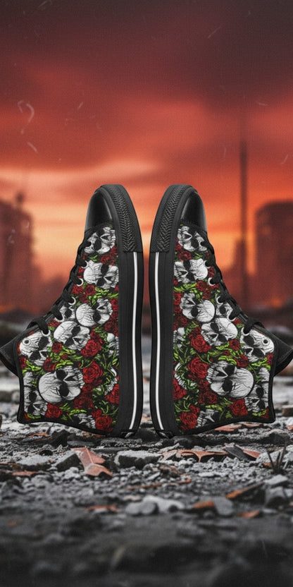 Custom Women's Skulls & Roses high-top canvas shoes with bold all-over art — Freaky Shoes