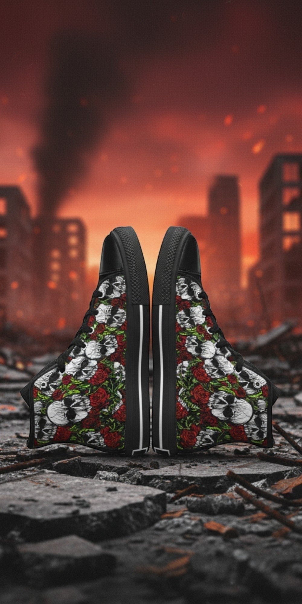 Women's Skulls & Roses custom high-top canvas shoes — wearable art by Freaky Shoes