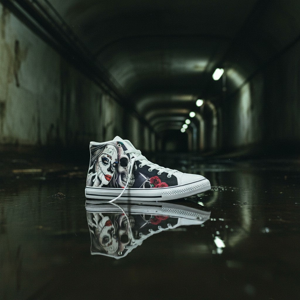 Freaky Shoes® men's high-top canvas sneakers featuring a woman and skull graphic print on a dark, reflective surface.