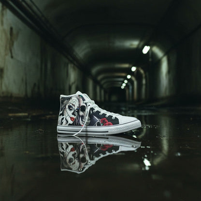 Freaky Shoes® men's high-top canvas sneakers featuring a woman and skull graphic print on a dark, reflective surface.