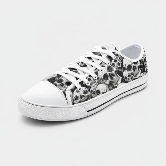 Freaky Shoes® Skulls Mania low-top canvas sneakers featuring a detailed black and white skull pattern and white laces.