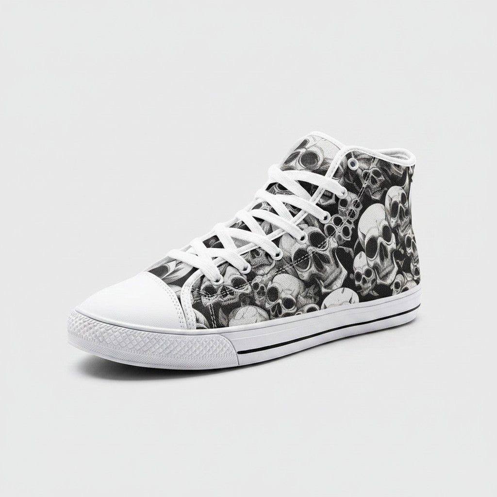 Freaky Shoes® Skulls Mania high-top canvas sneakers featuring a black and white detailed skull print pattern.