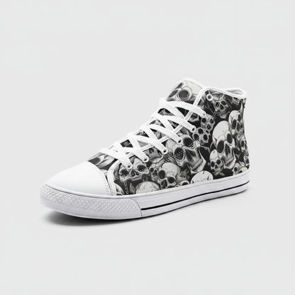 Freaky Shoes® Skulls Mania high-top canvas sneakers featuring a black and white detailed skull print pattern.