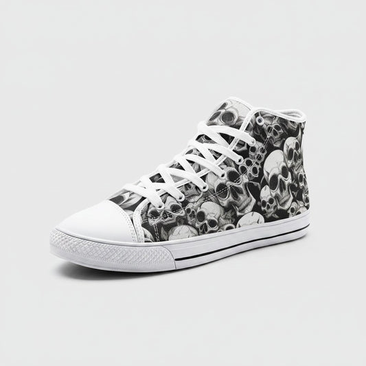 Freaky Shoes® Skulls Mania high-top canvas sneakers featuring a black and white detailed skull print pattern.