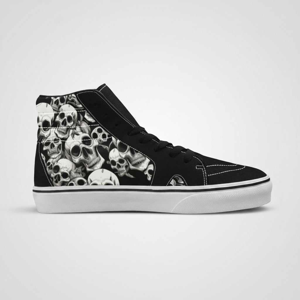Freaky Shoes® Skulls Mania high-top canvas skateboarding sneakers featuring a black and white skull pattern