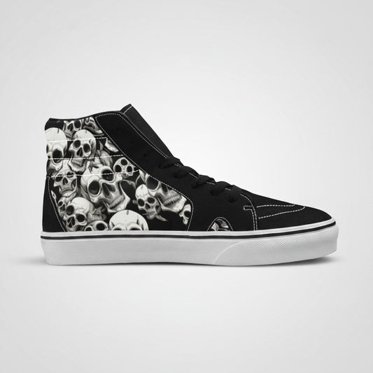 Freaky Shoes® Skulls Mania high-top canvas skateboarding sneakers featuring a black and white skull pattern
