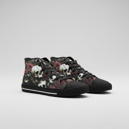 Freaky Shoes® high-top canvas sneakers featuring a vivid skulls and red roses print with black laces and rubber soles.