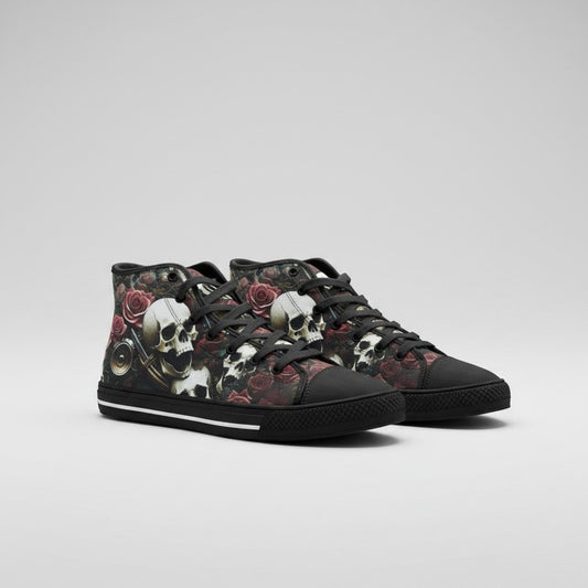 Freaky Shoes® high-top canvas sneakers featuring a vivid skulls and red roses print with black laces and rubber soles.